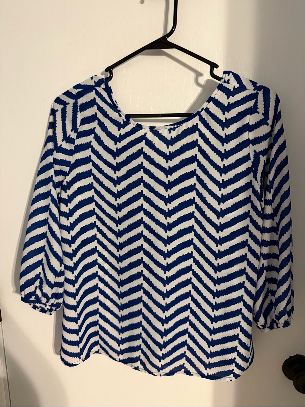 Women's Blue and White Chevron Blouse - Classic Crewneck Top